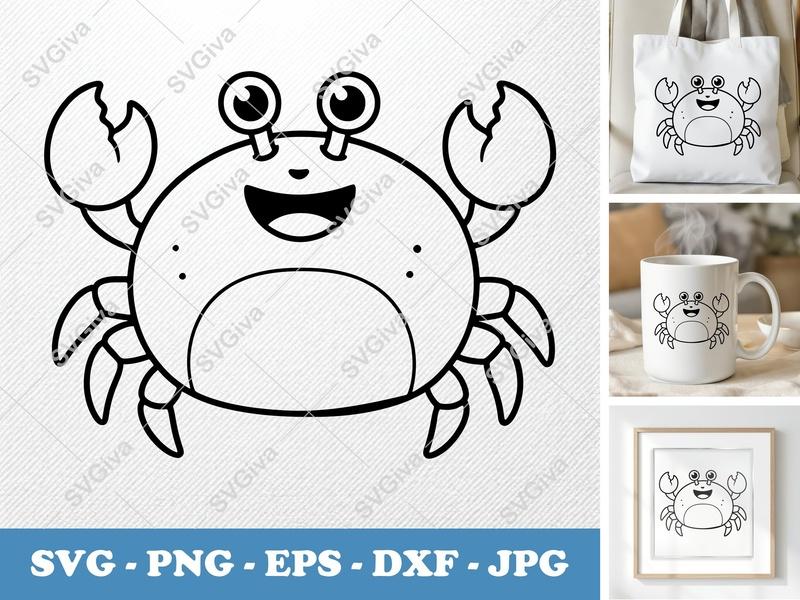 Crab SVG Outline, Happy Crab Clipart, Modern Ocean Animal PNG, EPS, DXF for Cricut, Silhouette, Kids Craft, Summer Decor