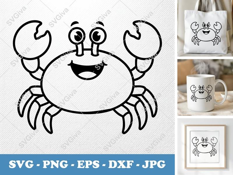 Crab SVG Outline, Happy Crab Clipart, Modern Ocean Animal PNG, EPS, DXF for Cricut & Silhouette, Sea Creature Vector Art