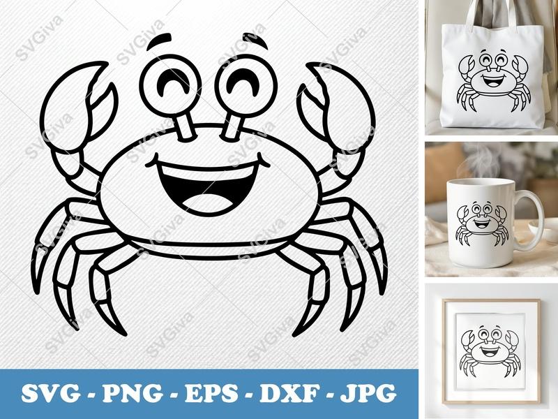 Crab SVG Outline, Happy Crab Clipart, Modern Ocean Animal PNG EPS DXF for Cricut & Silhouette, Sea Life Vector Cut File