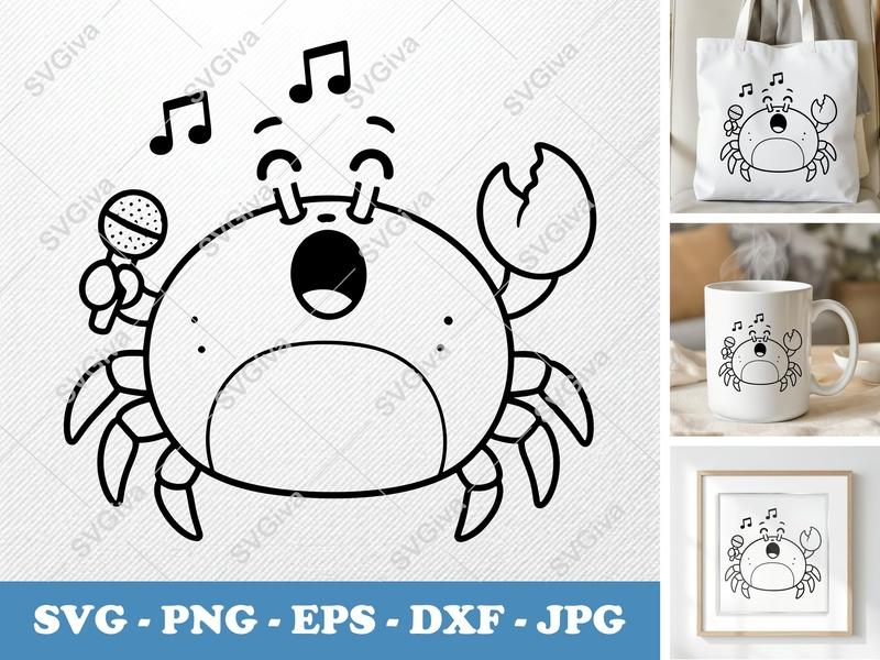 Crab SVG Singing, Cute Sea Animal Cut File, Music Notes PNG EPS DXF for Cricut & Silhouette, Ocean Beach Clipart