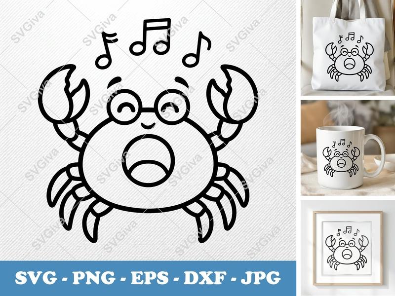 Crab SVG Singing with Music Notes, Cartoon Glasses Crab PNG EPS DXF, Cricut Silhouette Cut File, Ocean Animal Clipart