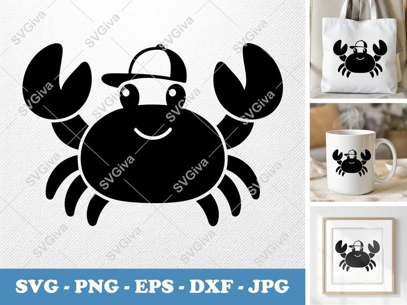 Crab SVG with Baseball Cap, Modern Clean Design, PNG EPS DXF for Cricut & Silhouette, Ocean Animal Clipart