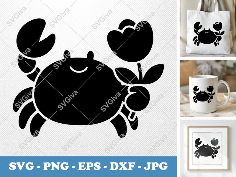 Crab SVG with Flower | Cute Marine Animal Cut File | Modern Sea Life Clipart | PNG EPS DXF for Cricut & Silhouette