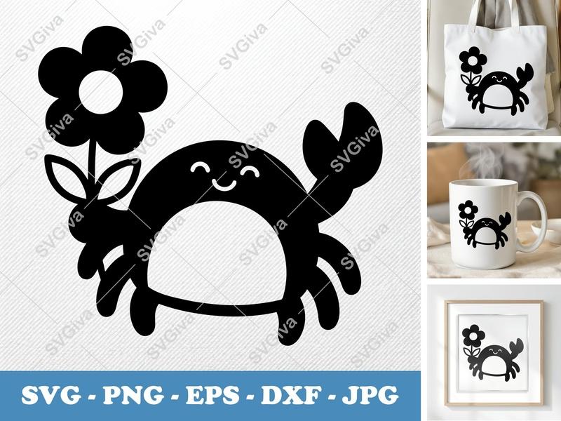 Crab SVG with Flower | Cute Sea Animal Clipart | Modern Design | PNG EPS DXF for Cricut & Silhouette