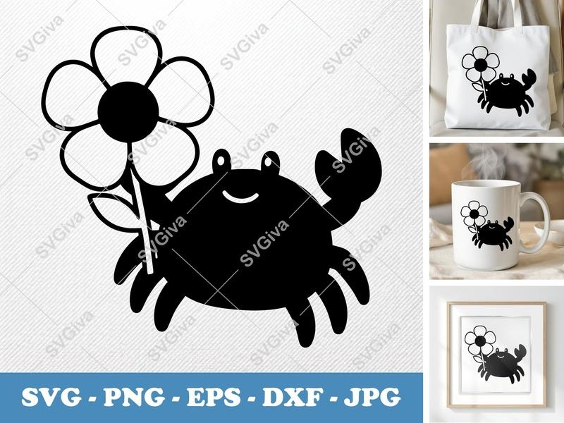 Crab SVG with Flower | Cute Sea Animal Design | PNG EPS DXF | Cricut & Silhouette Cut File