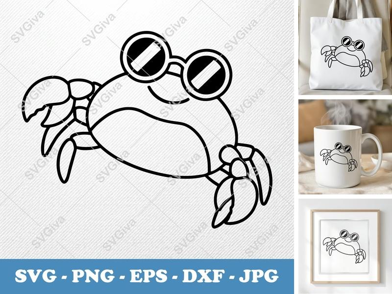 Crab wearing sunglasses SVG | Friendly Rounded Bean-Shaped Design | PNG DXF EPS | Cricut Silhouette File