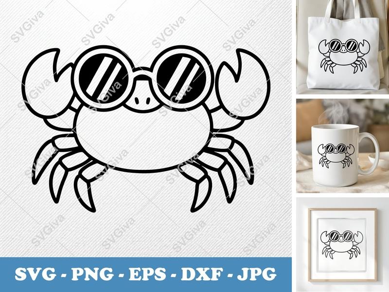 Crab wearing sunglasses SVG | Puffy Soft Forms Cut File | PNG DXF EPS for Cricut Silhouette