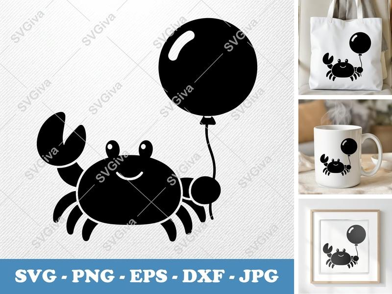 Crab with Balloon SVG | Cute Cartoon Crab PNG EPS DXF | Cricut Silhouette Cut File | Modern Sea Animal Design