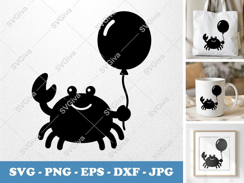 Crab with Balloon SVG | Puffy Inflatable Style Cut File | PNG DXF EPS | Cricut Silhouette | Ocean Sea Life