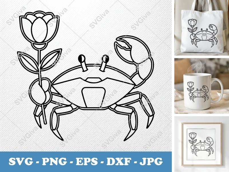 Crab with Flower SVG | Geometric Double-Outline Cut File | PNG DXF EPS | Cricut Silhouette Ocean Design