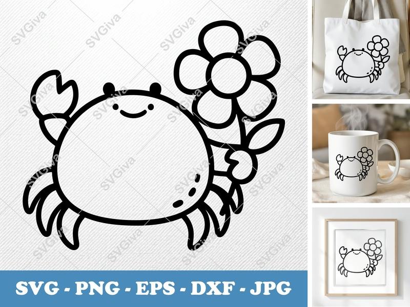 Crab with Flower SVG | Puffy Soft Forms | Inflated Pillow-soft Shapes | PNG DXF EPS | Cricut Silhouette File