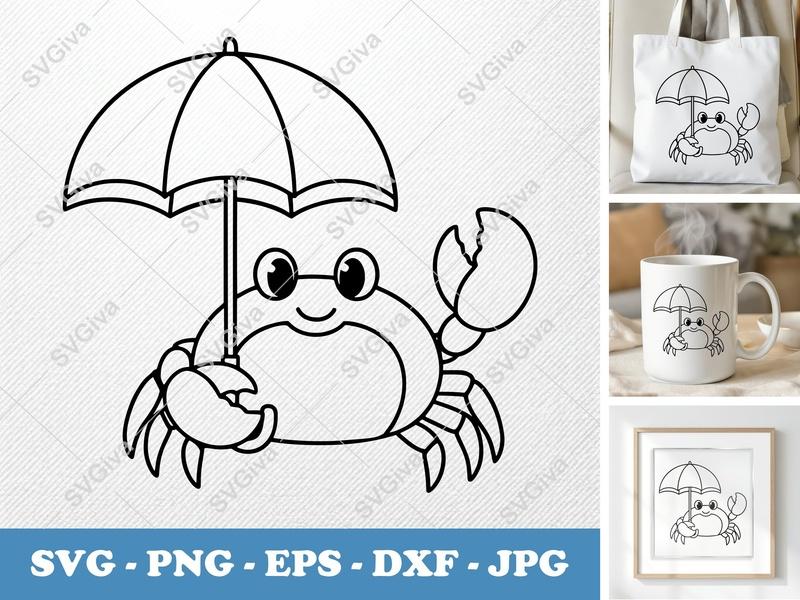 Crab with Umbrella SVG | Cute Beach Sea Animal PNG EPS DXF | Cricut Silhouette Cut File, Ocean Summer Vacation Clip Art