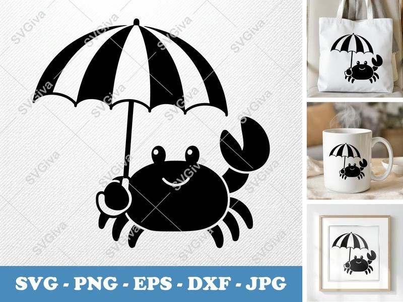 Crab with Umbrella SVG | Cute Beach Sea Animal PNG EPS DXF | Cricut Silhouette Cut File | Summer Ocean Clipart Vector Design
