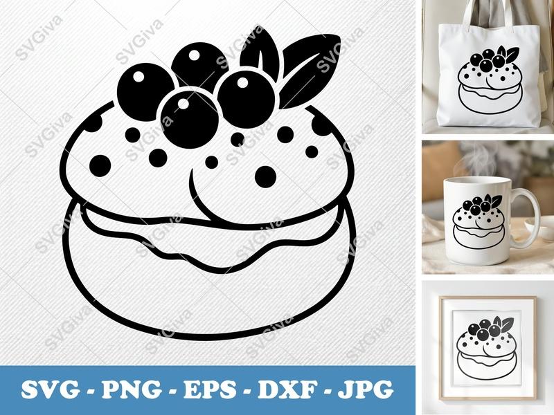 Cream Puff SVG | Dessert Outline with Berries & Leaves | PNG EPS DXF for Cricut & Silhouette | Bakery Food Clip Art