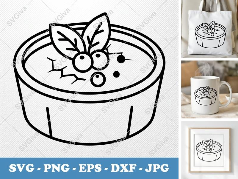 Crème Brûlée with Garnish SVG | Simple Cartoon Dessert SVG, PNG, DXF, EPS | Cricut Silhouette Cut File | Minimalist Food Vector Art