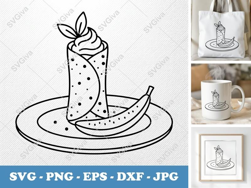Crepes SVG, Banana Crepe with Whipped Cream & Mint, Modern Clean Line Art, PNG EPS DXF for Cricut & Silhouette