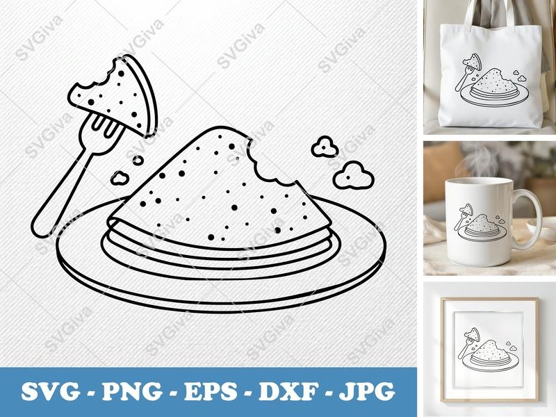 Crepes SVG, Pancake Plate Fork Bite, Modern Food Clipart, PNG EPS DXF for Cricut Silhouette, Breakfast Cafe Kitchen Decor