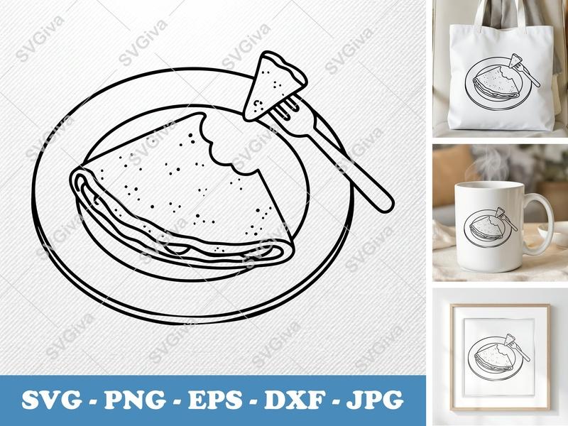 Crepes SVG, Plate and Fork Design, Foodie Breakfast Cut File | PNG EPS DXF | Cricut Silhouette Ready