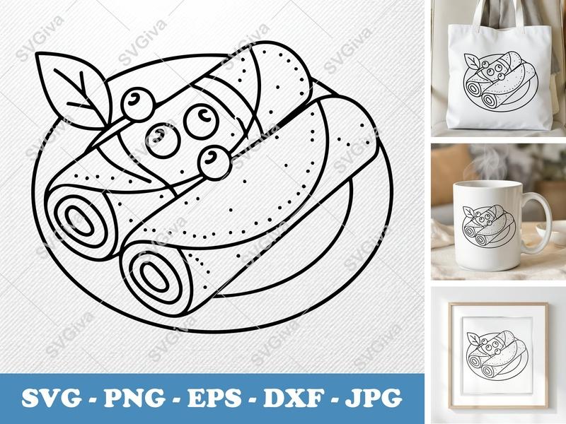 Crepes SVG, Rolled Pancakes with Berries & Leaf, Outline Cut File | PNG EPS DXF for Cricut Silhouette, Breakfast Food Digital Clipart