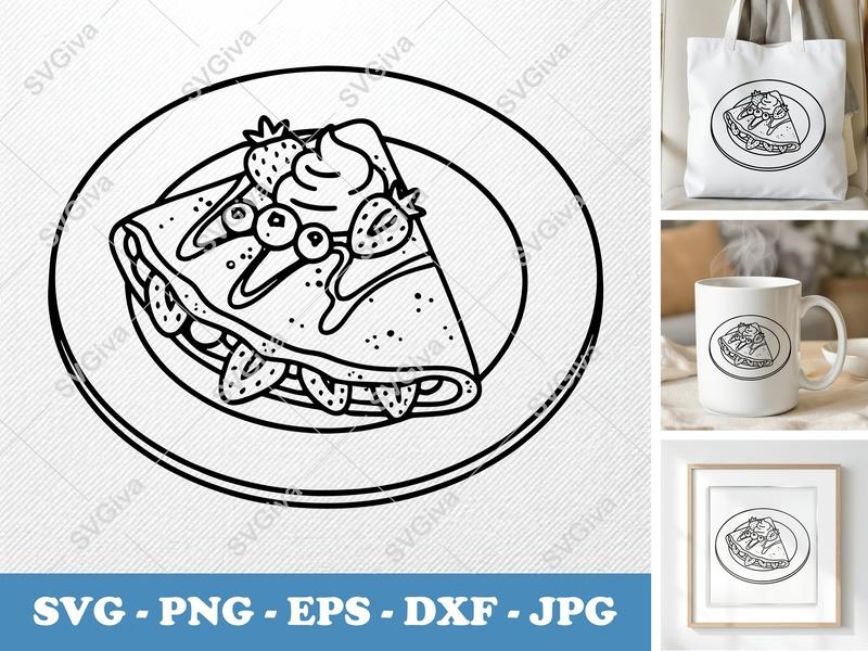 Crepes SVG | Sweet Dessert with Berries & Cream | PNG EPS DXF for Cricut & Silhouette | Food Line Art Cut File