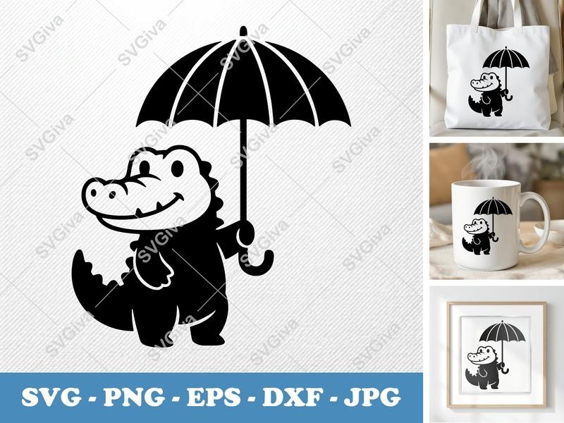 Crocodile holding umbrella SVG | Puffy Animated Style | PNG DXF EPS | Cricut Silhouette File