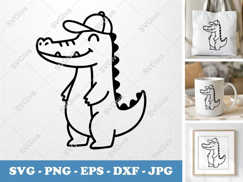 Crocodile in a Cap SVG | Friendly Bean-Shaped Cut File | Rounded Body PNG DXF EPS | Cricut Silhouette