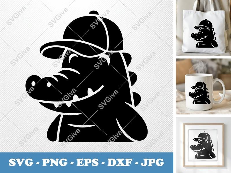 Crocodile in a Hat SVG | Puffy Cartoon Alligator Cut File | Inflated Animal Design for Cricut, Silhouette | PNG, DXF, EPS
