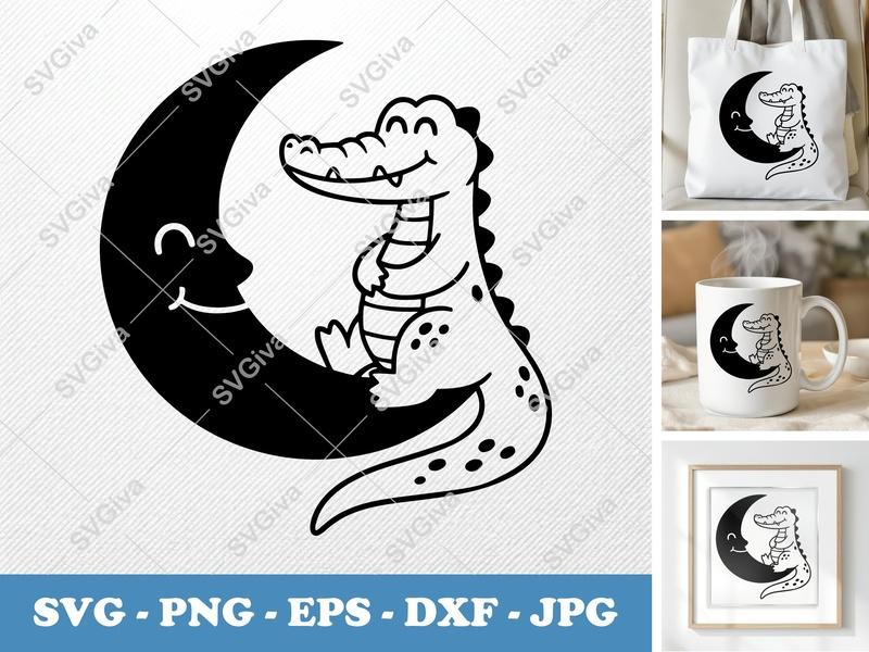 Crocodile Moon SVG | Cute Alligator on Moon Vector | Kids Animal PNG, EPS, DXF for Cricut & Silhouette
