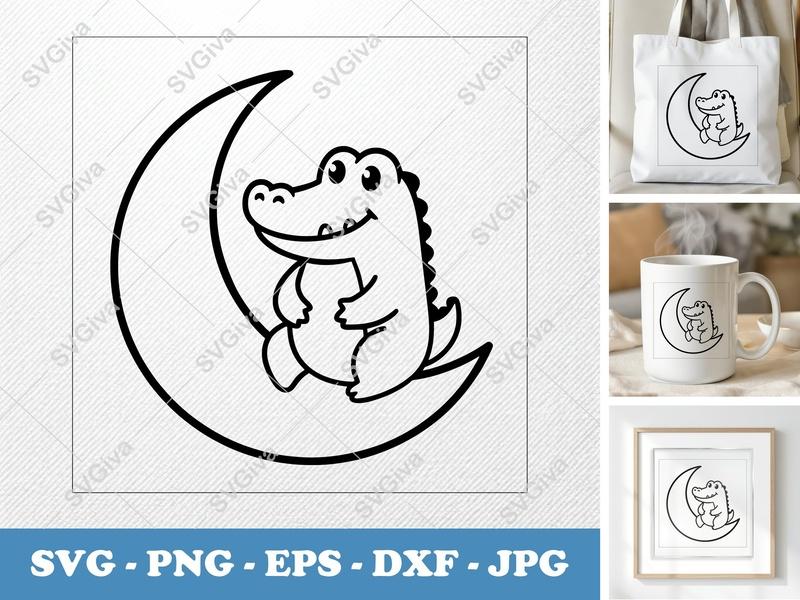 Crocodile Moon SVG | Friendly Rounded Bean-Shaped Cut File | PNG DXF EPS | Cricut Silhouette