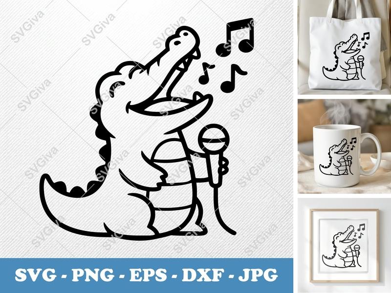 Crocodile Singing SVG, Music Notes PNG, EPS, DXF Cut File for Cricut, Silhouette | Alligator Mascot Vector Clipart