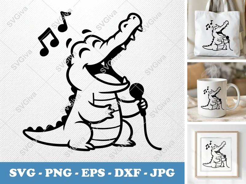 Crocodile Singing SVG, Musical Alligator PNG EPS DXF | Kids Animal Cut File for Cricut, Silhouette, Shirt Design