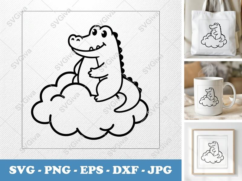 Crocodile sitting on a cloud SVG | Friendly Bean-Shaped Design | PNG DXF EPS | Cricut Silhouette File