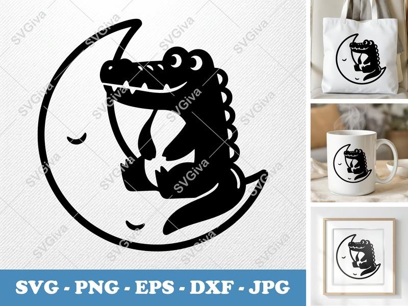 Crocodile Sitting on Moon SVG | Puffy Inflated Design | PNG DXF EPS | Cricut Silhouette File