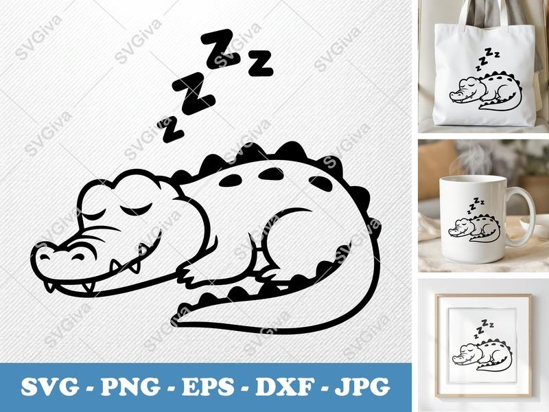 Crocodile Sleeping SVG, Cute Alligator Nap Time Cut File, Modern Animal PNG EPS DXF for Cricut, Silhouette, Kids Craft