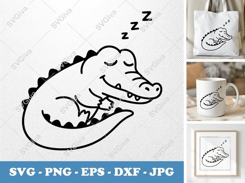 Crocodile Sleeping SVG | Cute Alligator Napping PNG EPS DXF | Cricut Silhouette Cut File | Modern Animal Design