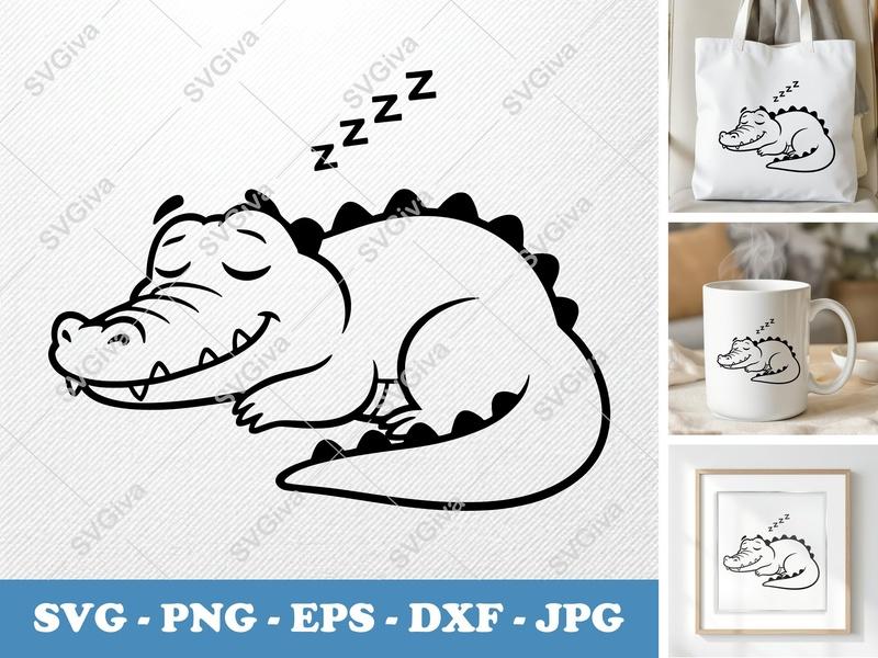 Crocodile Sleeping SVG | Cute Alligator Zzz PNG EPS DXF | Animal Cut File for Cricut, Silhouette | Baby Reptile Vector