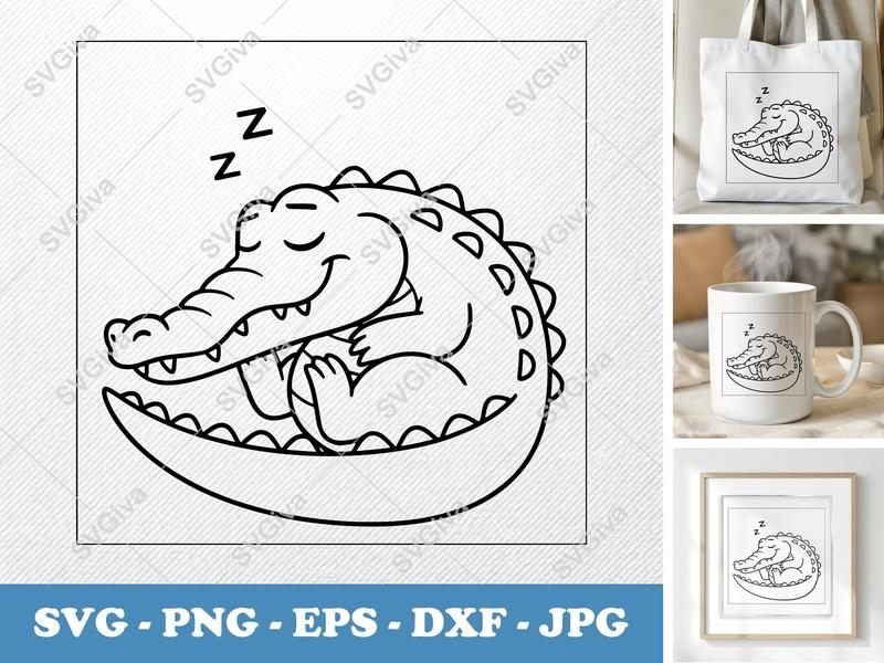 Crocodile Sleeping SVG | Minimalist Character Cut File | Bold Contour Design | PNG DXF EPS | Cricut Silhouette | Animal Vector