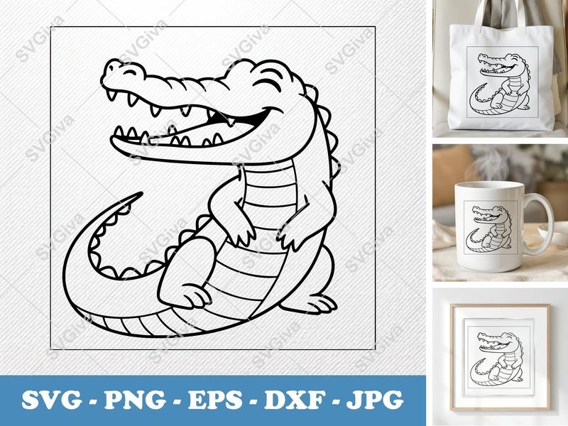 Crocodile Smiling Happily SVG | Cartoon Minimalist Cut File | Bold Contour PNG DXF EPS for Cricut Silhouette | Animal Vector