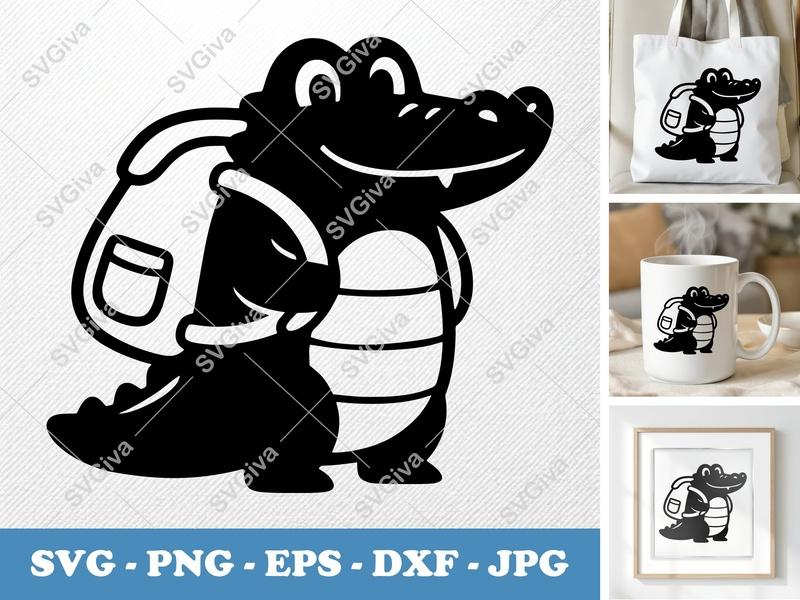 Crocodile SVG Backpack, Alligator Cut File, Modern Animal Clip Art | PNG EPS DXF for Cricut, Silhouette