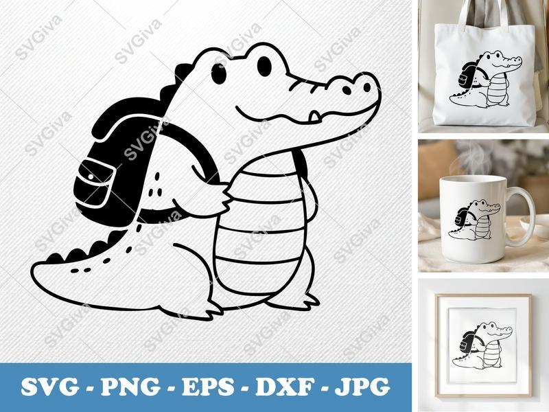 Crocodile SVG Backpack, Cute Animal Cut File | PNG EPS DXF for Cricut, School Student Design