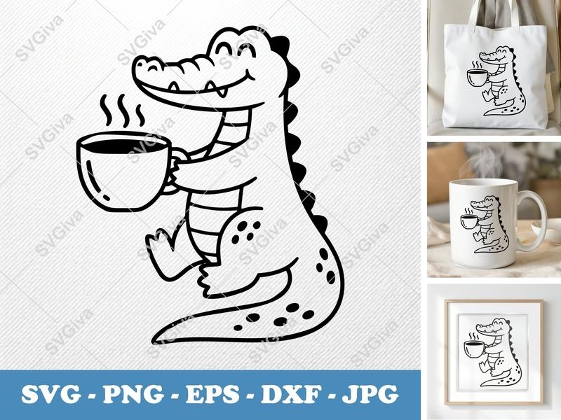 Crocodile SVG, Coffee Crocodile Cut File, Cute Alligator PNG EPS DXF for Cricut | Silhouette, Animal Mug Design