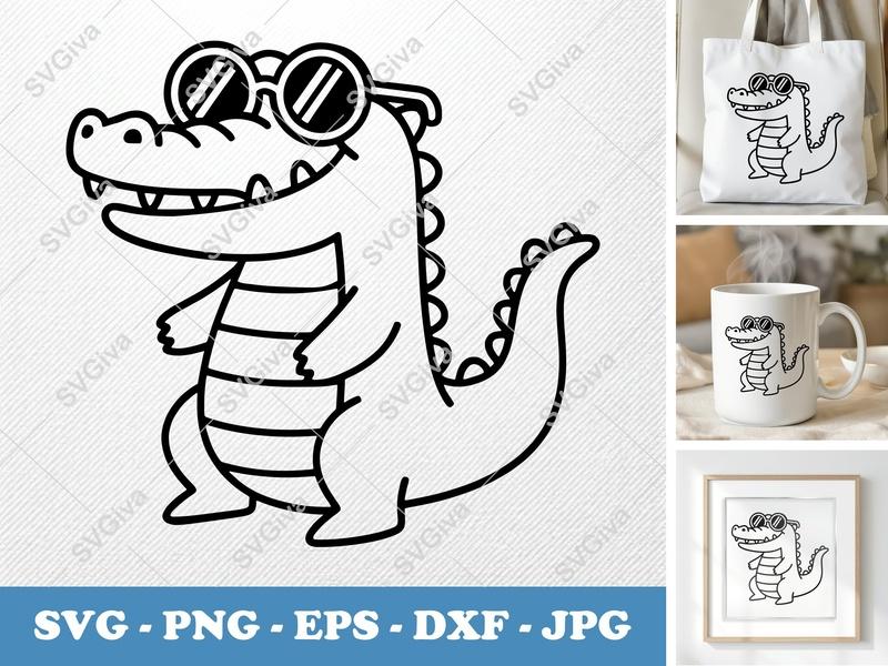 Crocodile SVG, Cool Alligator with Sunglasses Cut File | PNG EPS DXF for Cricut & Silhouette, Modern Cartoon Reptile Clipart