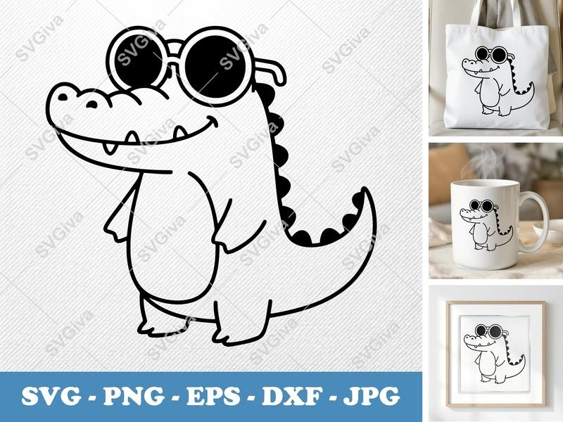 Crocodile SVG | Cool Alligator with Sunglasses, Line Art Vector | PNG EPS DXF for Cricut, Silhouette, Shirt Design | Cartoon Reptile Cut ...