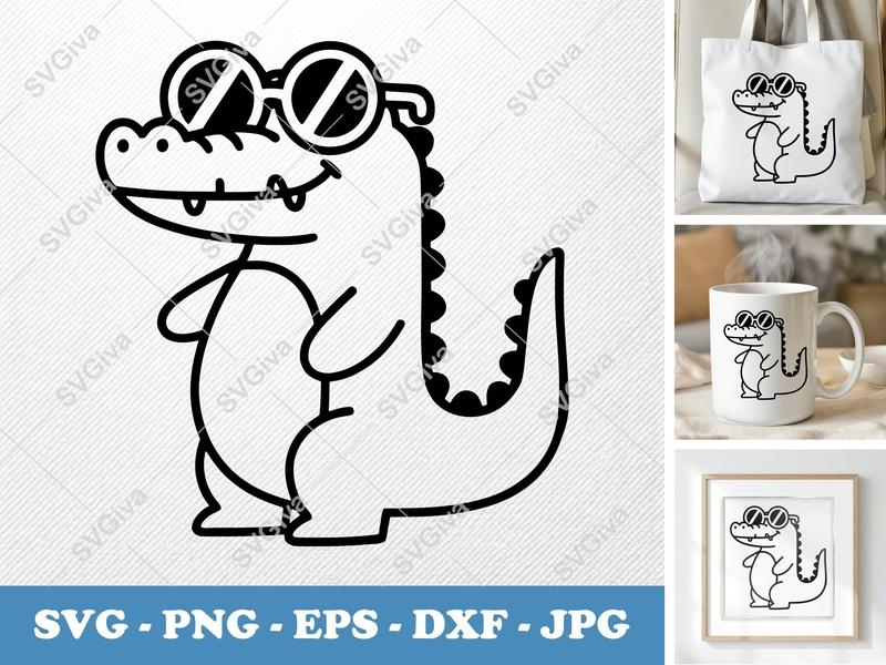 Crocodile SVG Cut File | Cool Alligator with Sunglasses PNG EPS DXF | Cricut Silhouette Vector Art