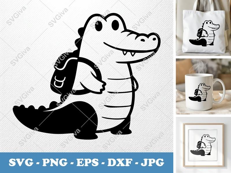 Crocodile SVG Cut File, Cute Alligator with Backpack, School Animal Vector, PNG EPS DXF for Cricut & Silhouette
