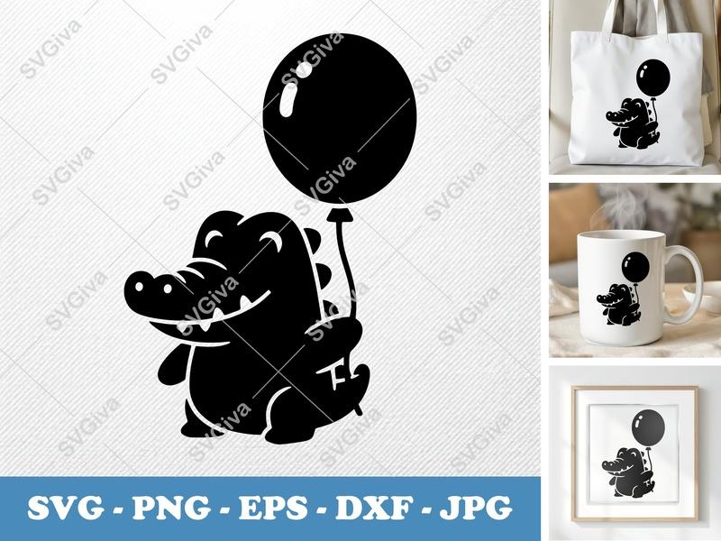 Crocodile SVG Cut File | Cute Alligator with Balloon | PNG EPS DXF for Cricut Silhouette | Cartoon Animal Vector