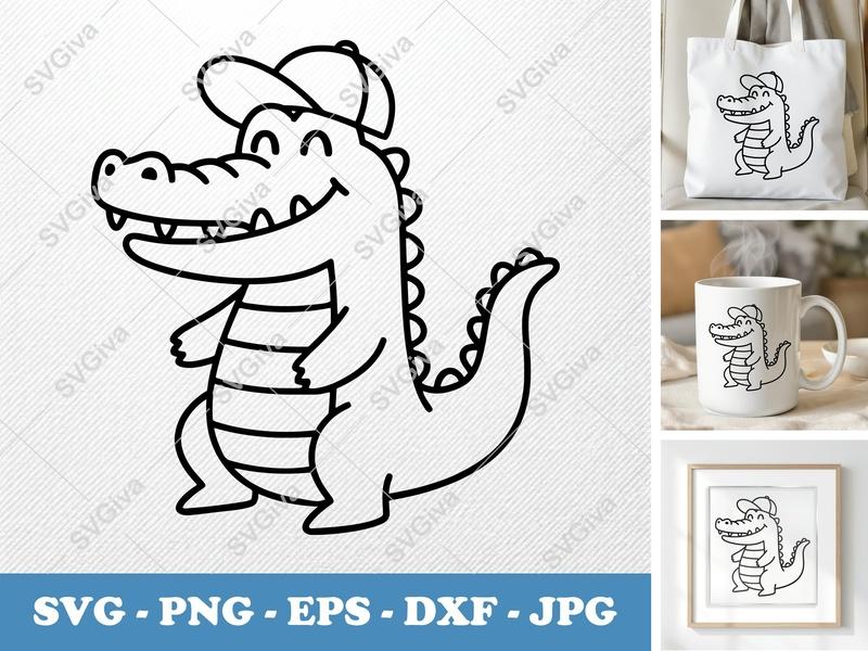 Crocodile SVG Cut File, Cute Alligator with Hat, Cartoon Animal PNG, EPS, DXF for Cricut & Silhouette