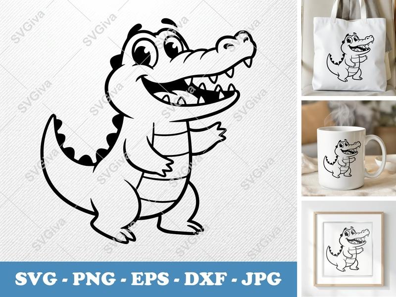 Crocodile SVG, Cute Alligator Cartoon Cut File, Smiling Reptile PNG EPS DXF for Cricut & Silhouette, Kids Animal Vector