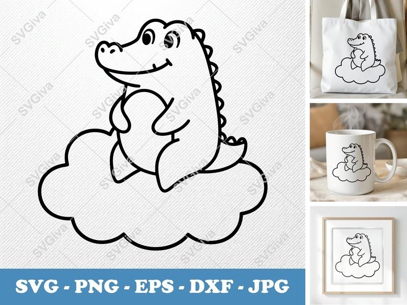 Crocodile SVG, Cute Alligator on Cloud Cut File, Kawaii Reptile, PNG EPS DXF for Cricut, Silhouette, Baby Shower, Kids Craft