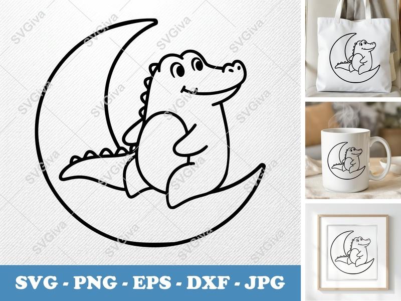 Crocodile SVG, Cute Alligator on Moon Cut File, Modern Baby Nursery Art, PNG, EPS, DXF for Cricut & Silhouette